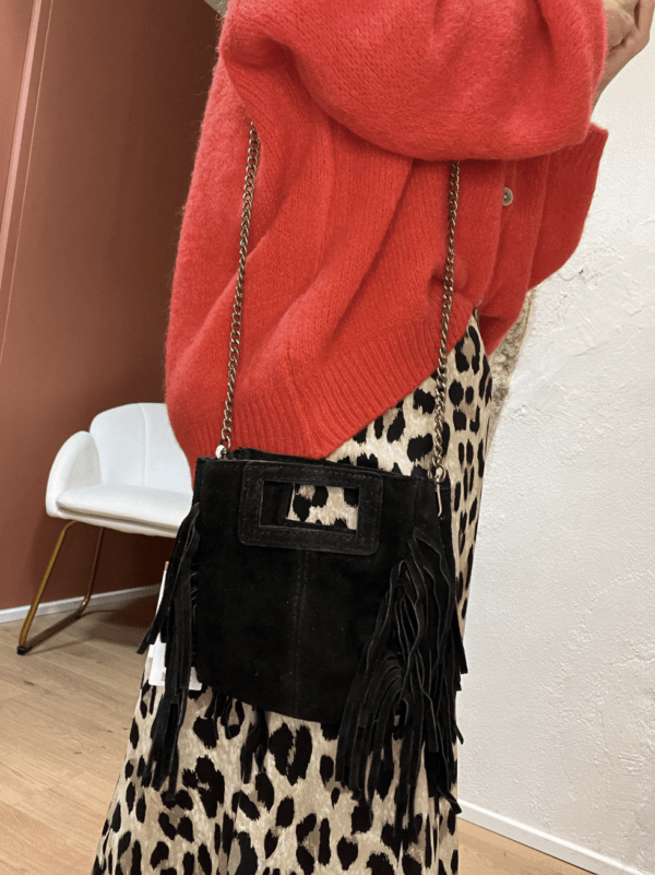 Sac en cuir daim à franges BOBBI noir – Image 2