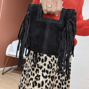 Sac en cuir daim à franges BOBBI noir