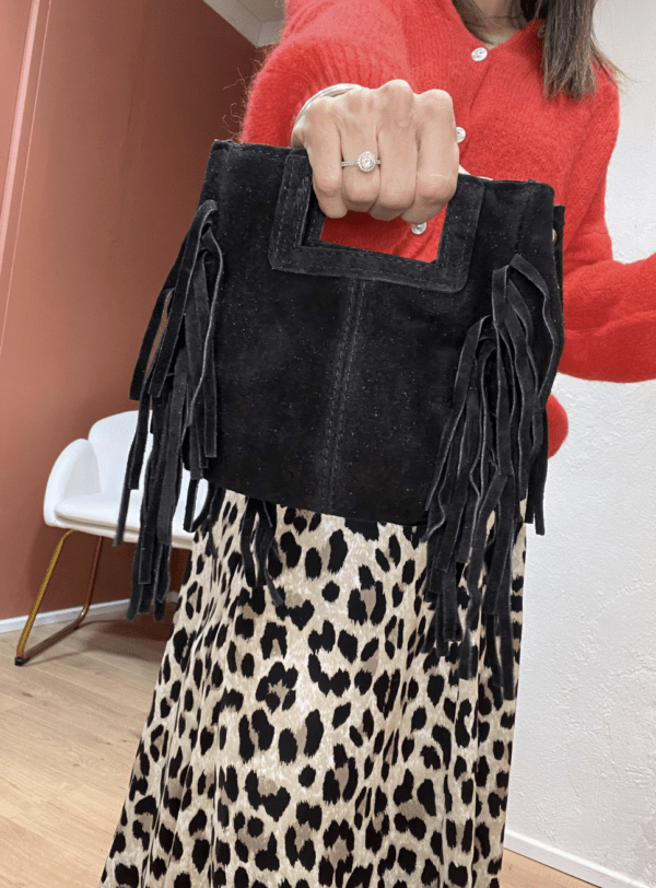 Sac en cuir daim à franges BOBBI noir