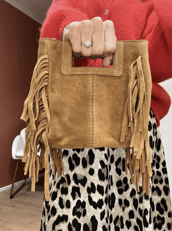 Sac en cuir daim à franges BOBBI camel