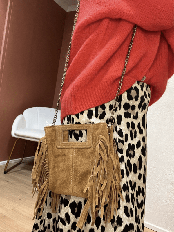 Sac en cuir daim à franges BOBBI camel – Image 2