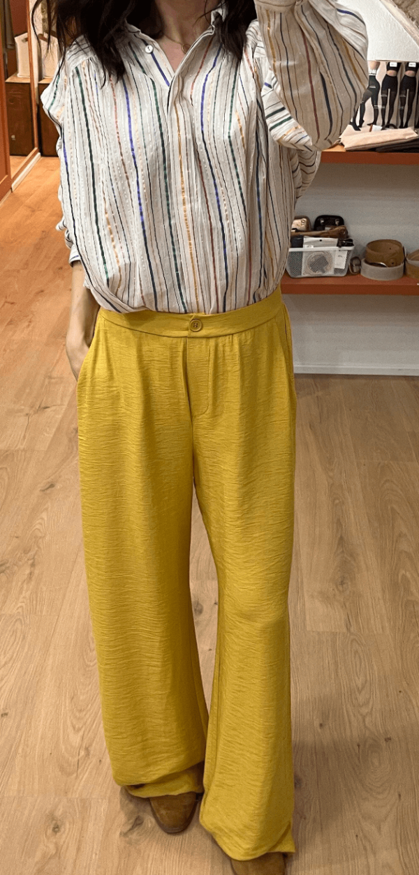 Pantalon droit fluide PARO jaune – Taille élastique – Crêpe – Look chic et décontracté