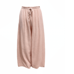 Pantalon ÉLI rose poudré – Gaze de coton – Taille unique – Look chic et décontracté