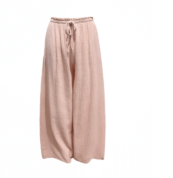Pantalon ÉLI rose poudré – Gaze de coton – Taille unique – Look chic et décontracté