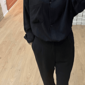 Pantalon large 3/4 LÉON noir – Lin léger – Taille haute – Style chic décontracté