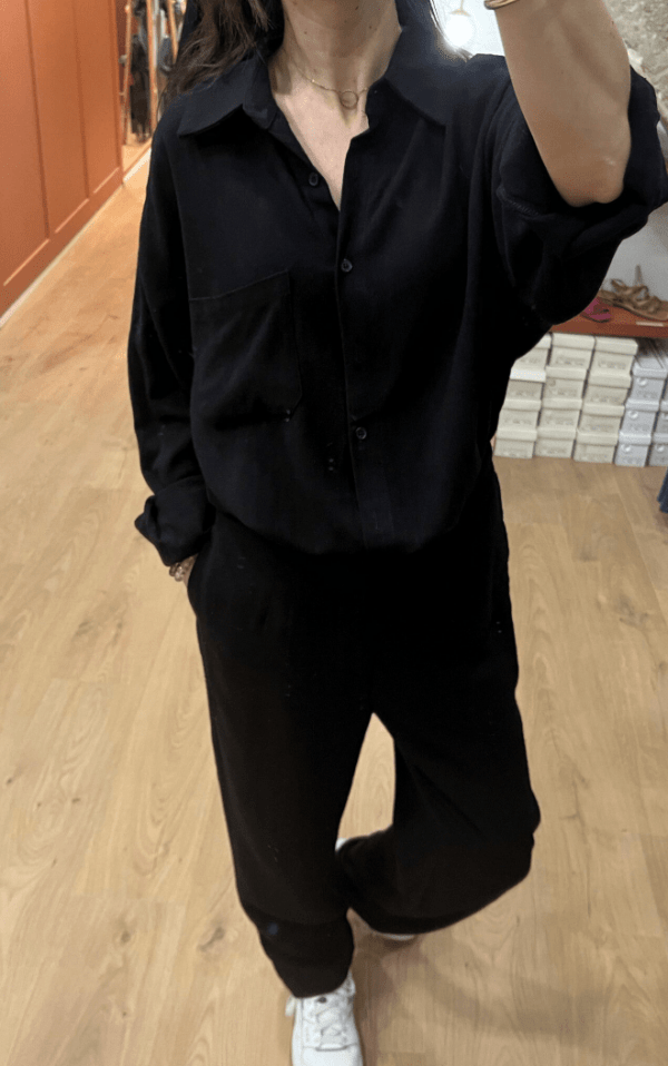 Pantalon large 3/4 LÉON noir – Lin léger – Taille haute – Style chic décontracté – Image 2