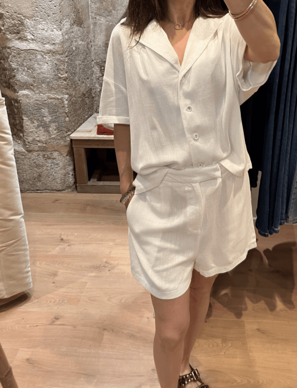 Short NATE – Blanc – Lin & polyester – Taille haute – Image 3