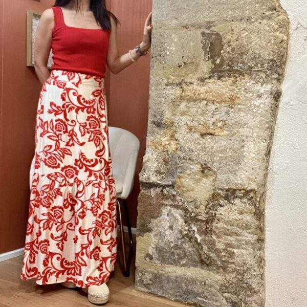 Jupe longue fluide JASMINE – Imprimé rouge & blanc – Image 8