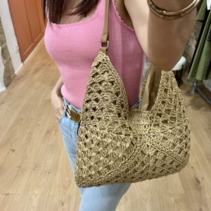 Sac LOULOU – Porté travers en paille & effet crochet