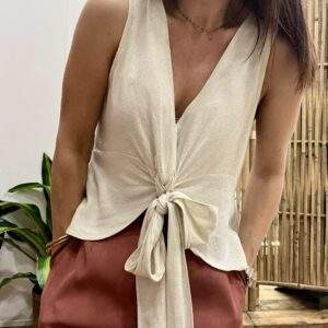 Haut MARYLOU beige – Lin & Coton – Col V – Nœud – Sans manches – Réversible