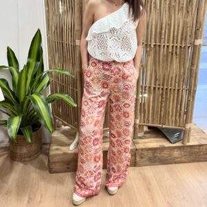 Pantalon fluide “Solea” – Imprimé fleuri orangé, rouge et violet