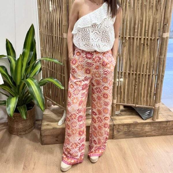 Pantalon fluide “Solea” – Imprimé fleuri orangé, rouge et violet