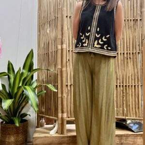 Pantalon flare PALICO Kaki – Taille haute, lien à nouer, confort et élégance