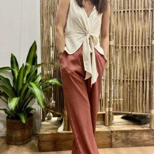 Pantalon MAILY rose terracotta – Taille haute – Coupe tailleur fluide