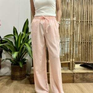 Pantalon FLAVIE vichy rose – Taille élastique et cordon – Poches latérales