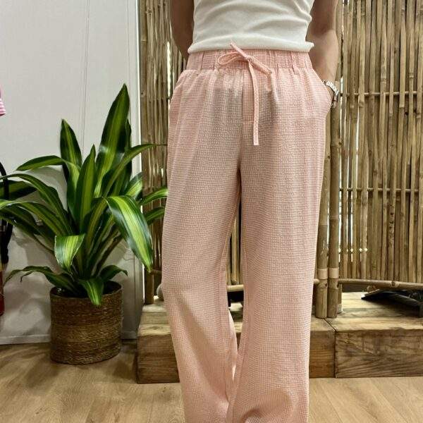 Pantalon FLAVIE vichy rose – Taille élastique et cordon – Poches latérales – Image 4