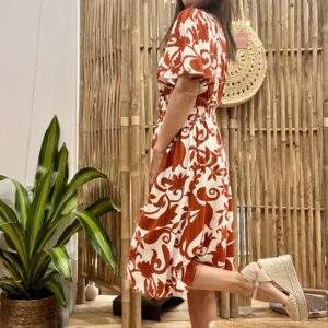 Robe LEA courte imprimée – Col V, manches amples mi-longues, 100% viscose fluide