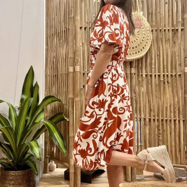 Robe LEA courte imprimée – Col V, manches amples mi-longues, 100% viscose fluide
