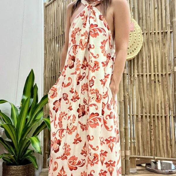 Robe EMELINE longue fluide – Imprimé fleuri blanc, rouge et brun – 100% rayon – Image 2