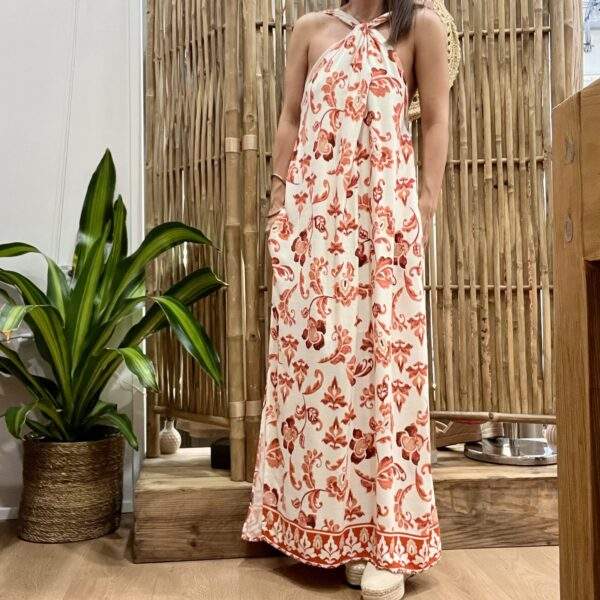 Robe EMELINE longue fluide – Imprimé fleuri blanc, rouge et brun – 100% rayon – Image 6