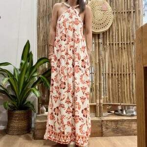 Robe EMELINE longue fluide – Imprimé fleuri blanc, rouge et brun – 100% rayon