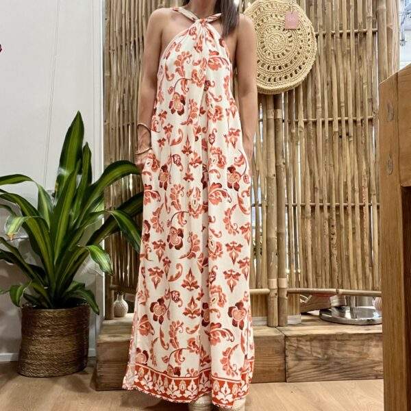 Robe EMELINE longue fluide – Imprimé fleuri blanc, rouge et brun – 100% rayon