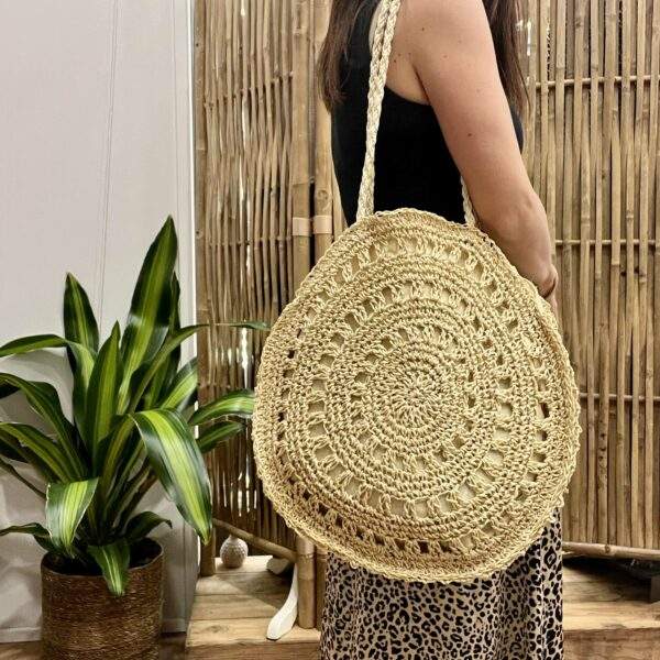 Sac Rond Porté Épaule en Paille – Beige – Image 2