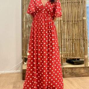 Robe longue rouge à pois SOLYNE – Esprit rétro & féminité affirmée