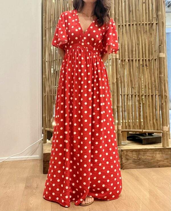 Robe longue rouge à pois SOLYNE – Esprit rétro & féminité affirmée