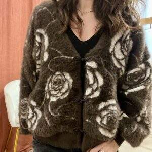 Gilet VERONA en maille douce : Cardigan Chocolat à Fleurs - Made in Italy (Taille Unique)